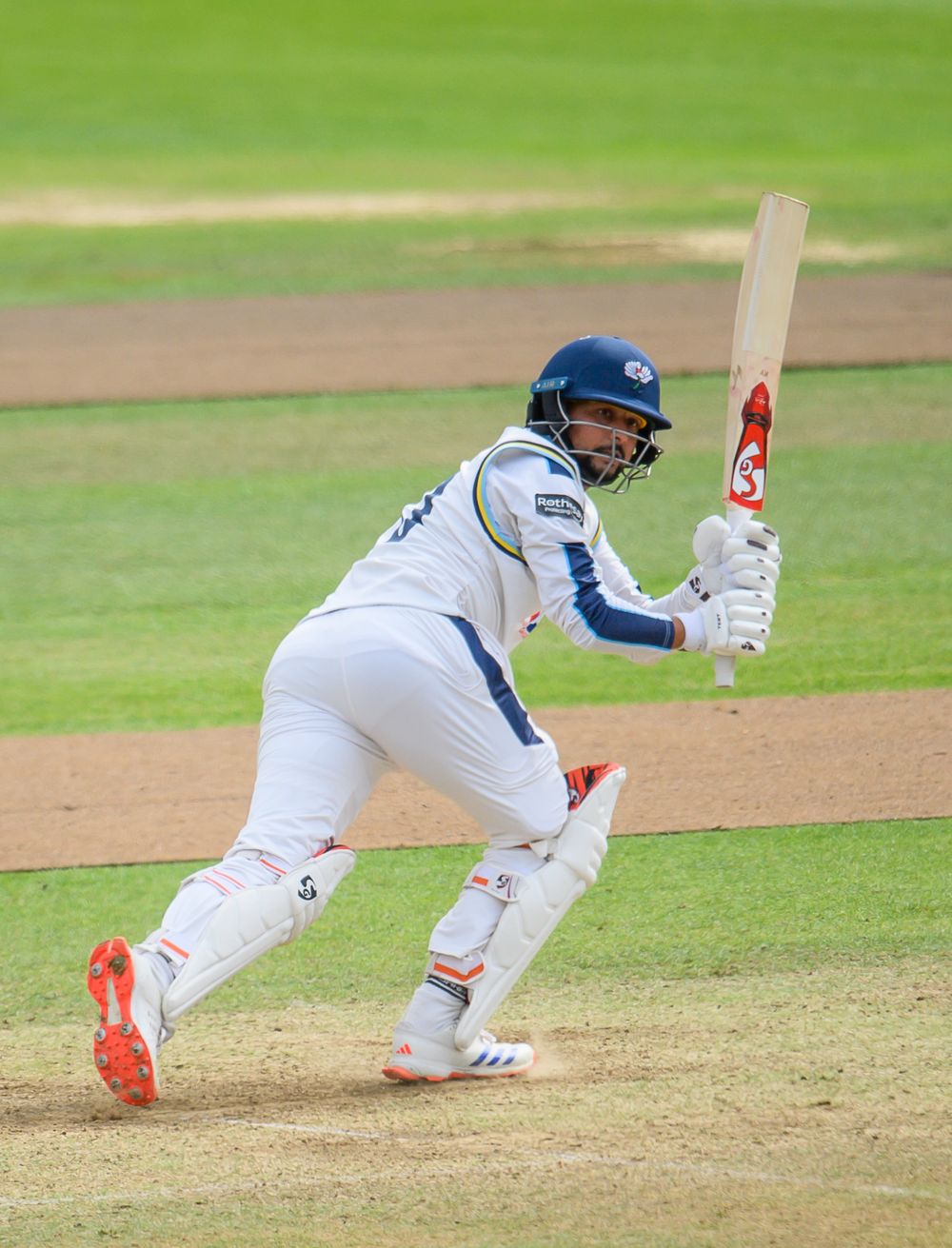 Picture by Allan McKenzie/SWpix.com - 09/09/2026 - Cricket - Rothesay County Championship - Yorkshire County Cricket Club v Essex County Cricket Club - Headingley Cricket Ground, Leeds, England - Yorkshire's Kuldeep Yadav hits out against Essex.