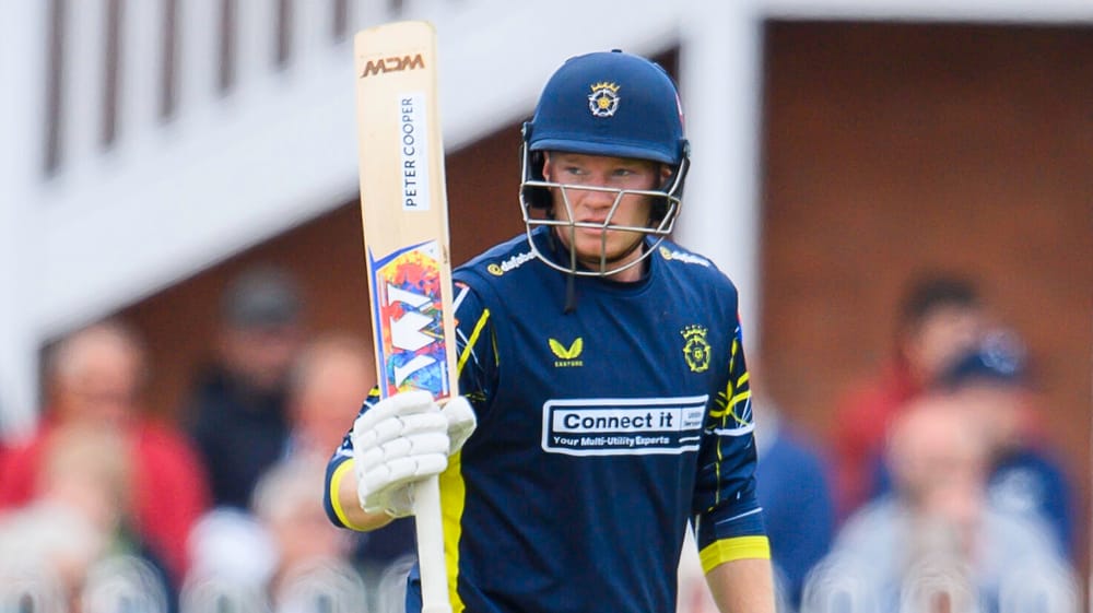 Picture by Allan McKenzie/SWpix.com - 21/07/2026 - Cricket - Metro Bank One-Day Cup - Yorkshire Vikings v Hampshire County Cricket Club - North Marine Road, Scarborough, England - Hampshire's Tom Prest celebrates his half century against Yorkshire.