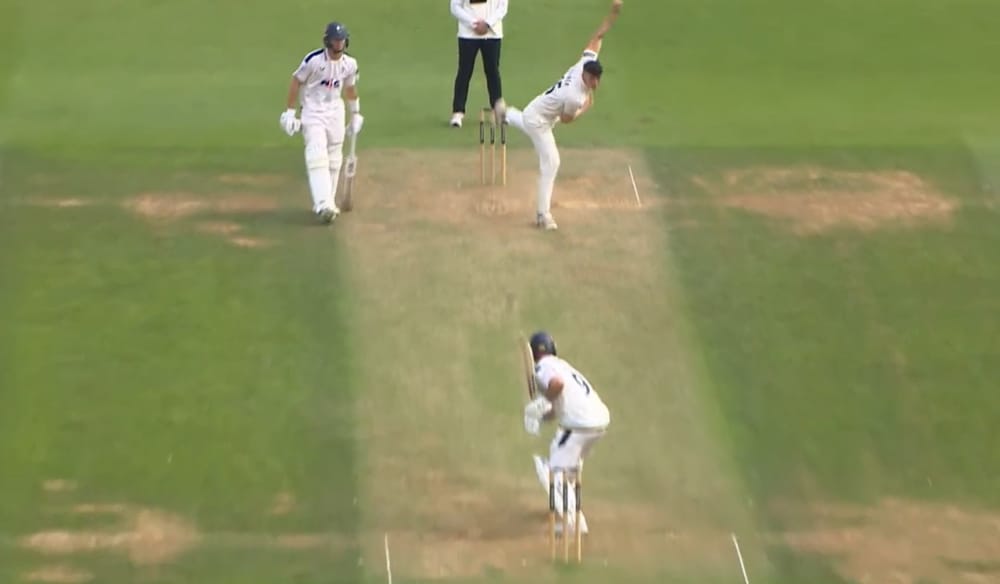 Matt Fisher bowls the ball that dismissed Adam Lyth for a duck