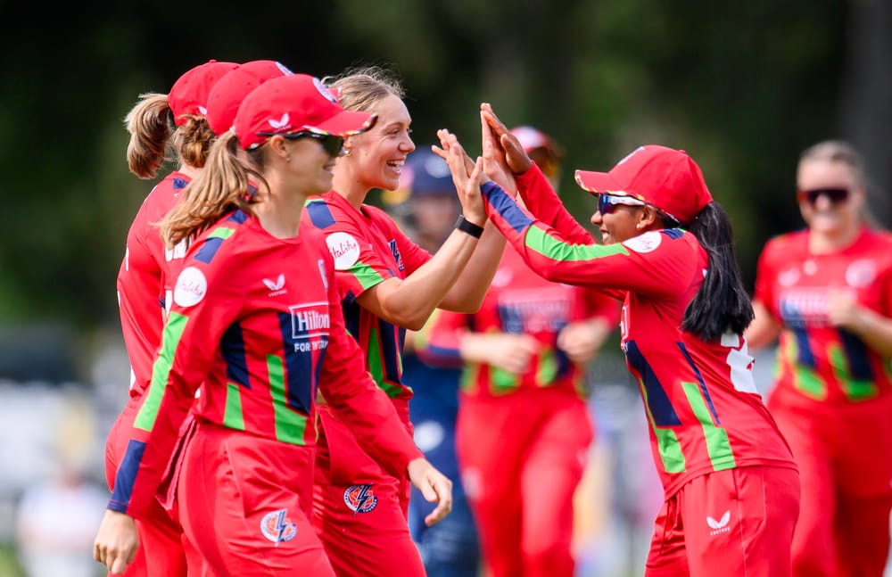 Picture by Allan McKenzie/SWpix.com - 01/07/2026 - Cricket - Vitality Blast Women - Yorkshire Women v Lancashire Women - York Cricket Club, York, England - Lancashire's Tara Norris celebrates dismissing Yorkshire's Lauren Winfield-Hill.