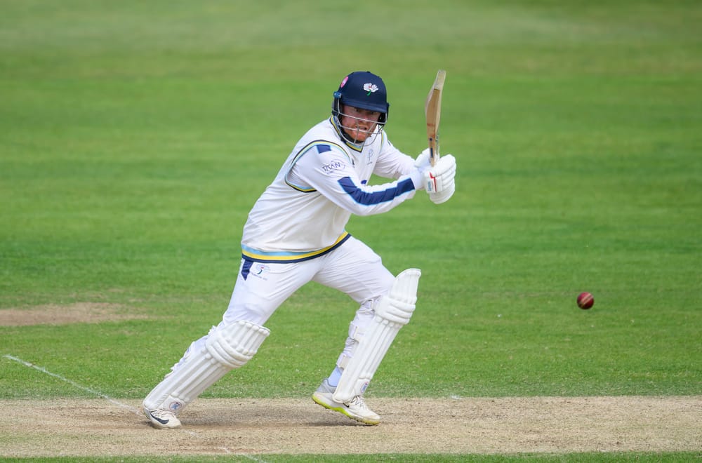 Picture by Allan McKenzie/SWpix.com - 14/06/2026 - Cricket - Rothesay County Championship - Yorkshire County Cricket Club v Warwickshire County Cricket Club - North Marine Road, Scarborough, England - Yorkshire's Jonny Bairstow hits out against Warwickshire.