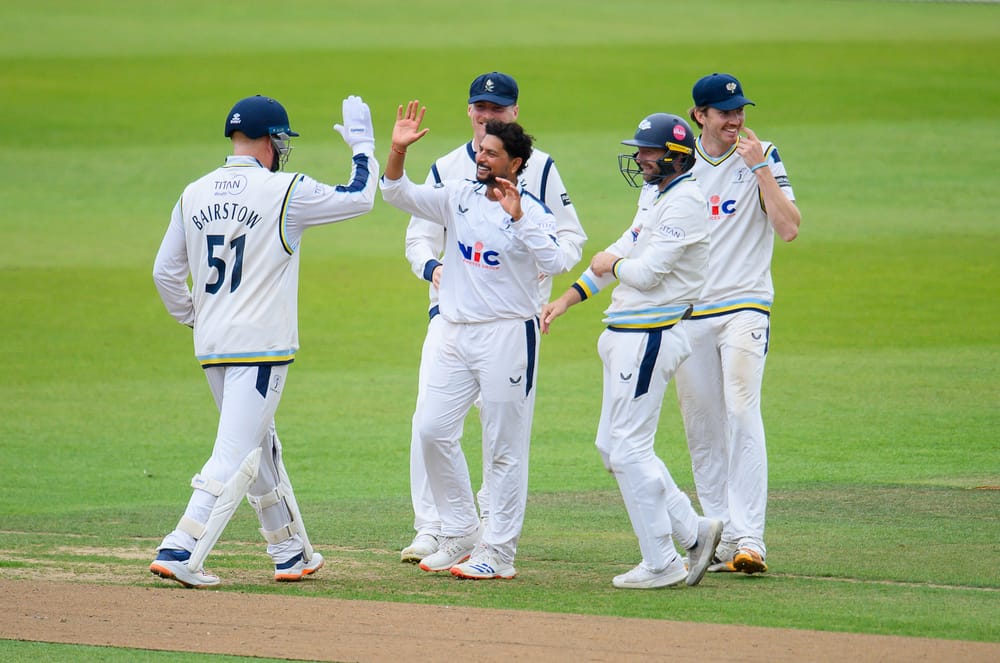 Picture by Allan McKenzie/SWpix.com - 10/09/2026 - Cricket - Rothesay County Championship - Yorkshire County Cricket Club v Essex County Cricket Club - Headingley Cricket Ground, Leeds, England - Yorkshire's Kuldeep Yadav celebrates dismissing Essex's Matt Critchley.