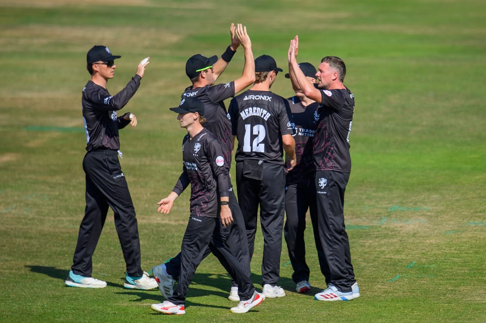 Picture by Allan McKenzie/SWpix.com - 15/07/2026 - Cricket - Vitality Blast Quarter Final - Yorkshire Vikings v Somerset County Cricket Club - Headingley Cricket Ground, Leeds, England - Somerset's Jake Ball (r) celebrates dismissing Yorkshire's Will Luxton.