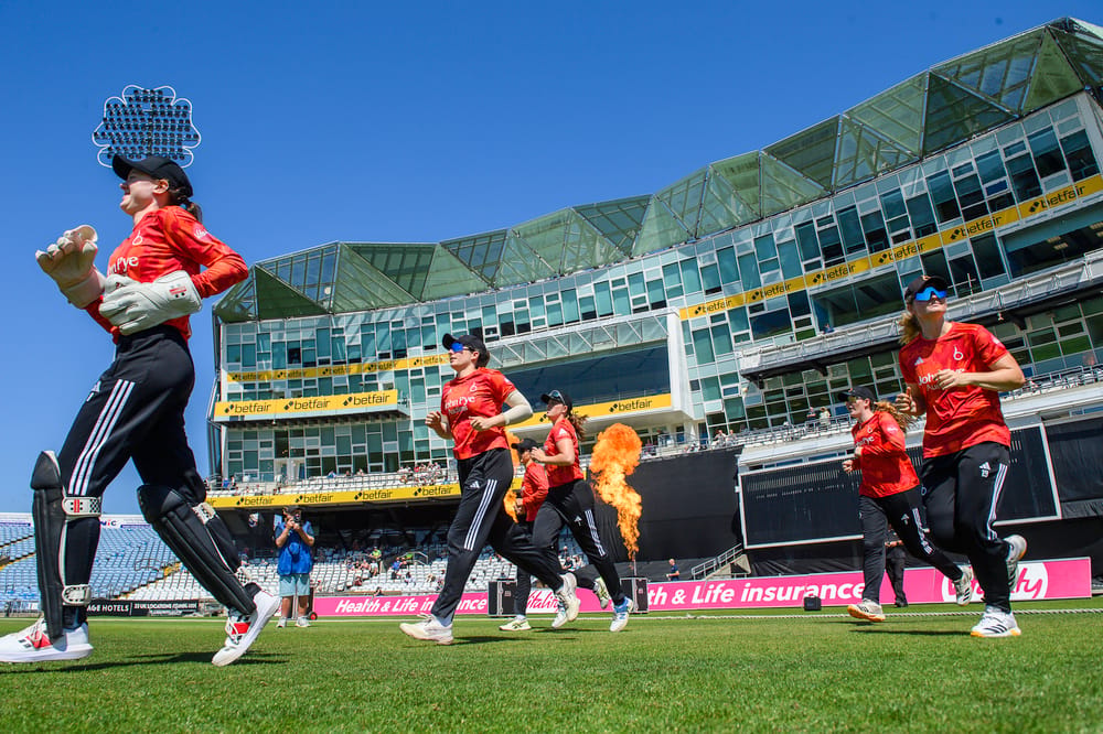Picture by Allan McKenzie/SWpix.com - 12/07/2026 - Cricket - Vitality Blast Women - Yorkshire Women v The Blaze - Headingley Cricket Ground, Leeds, England - The Blaze come out to field against Yorkshire.