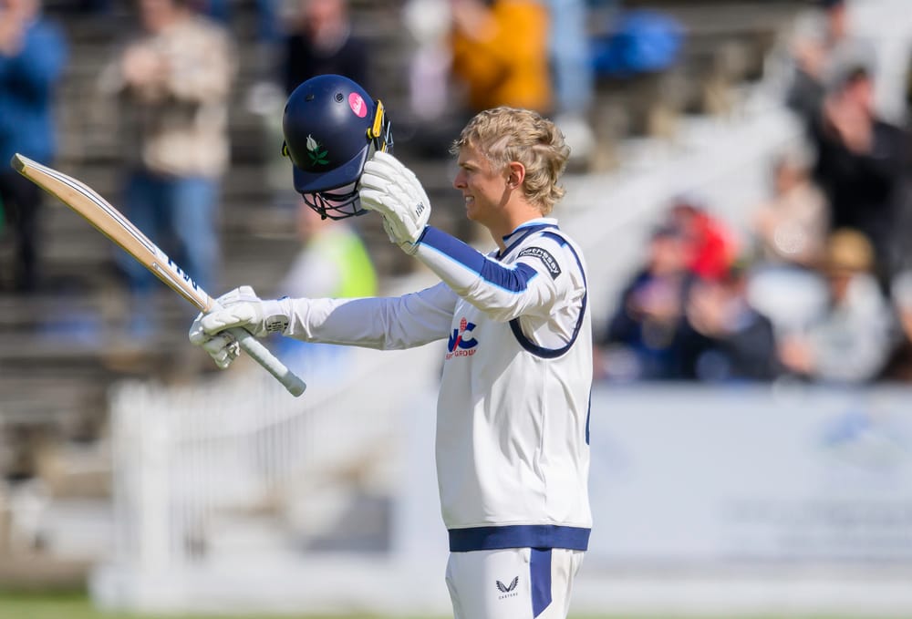 Picture by Allan McKenzie/SWpix.com - 12/06/2026 - Cricket - Rothesay County Championship - Yorkshire County Cricket Club v Warwickshire County Cricket Club - North Marine Road, Scarborough, England - Yorkshire's Will Luxton celebrates his maiden First Class century.