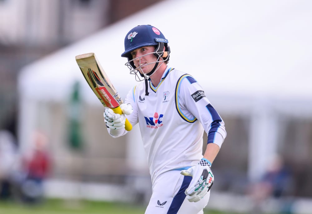 Picture by Allan McKenzie/SWpix.com - 14/06/2026 - Cricket - Rothesay County Championship - Yorkshire County Cricket Club v Warwickshire County Cricket Club - North Marine Road, Scarborough, England - Yorkshire's George Hill celebrates his half century against Warwickshire.