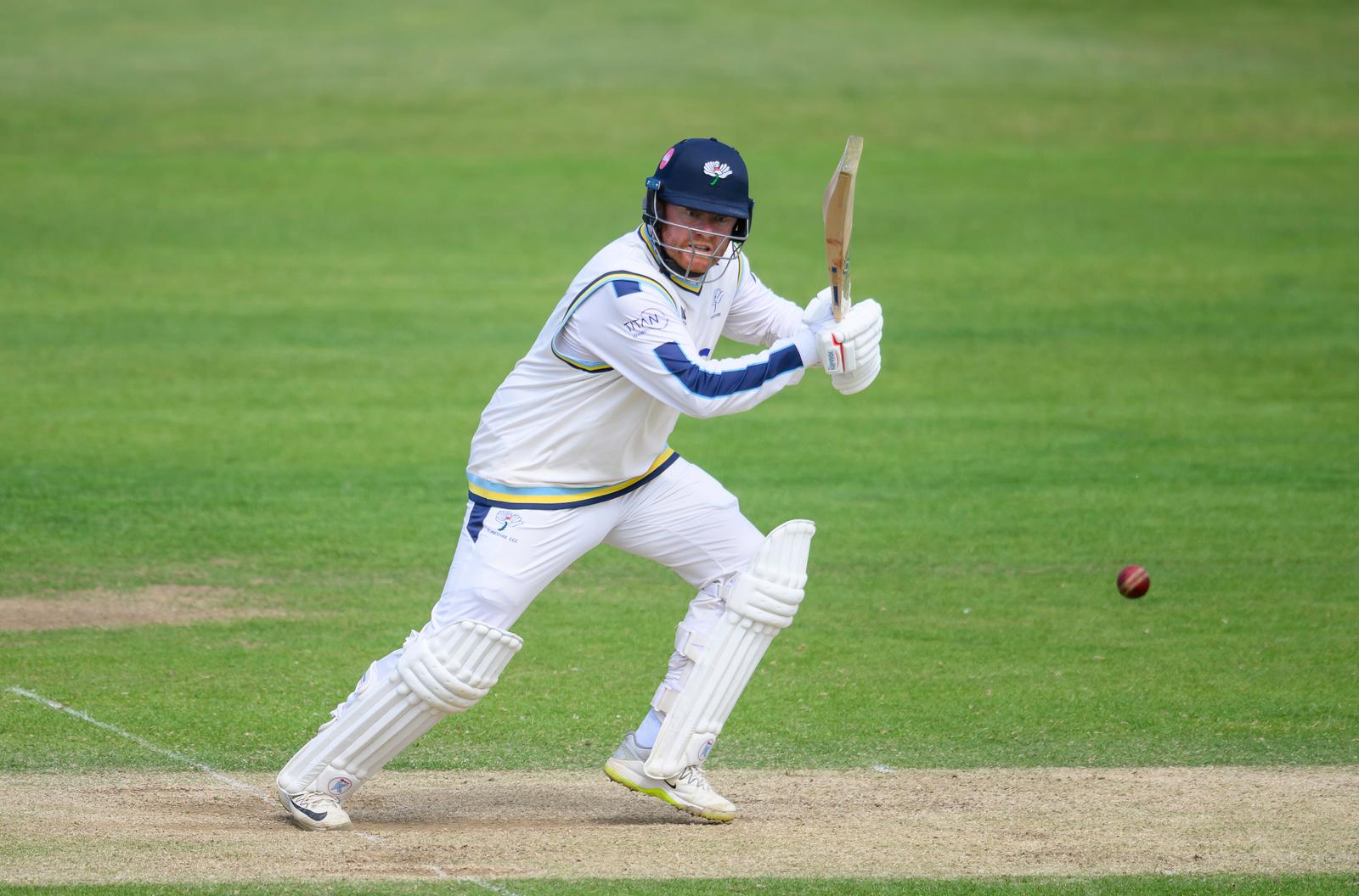 Picture by Allan McKenzie/SWpix.com - 14/06/2026 - Cricket - Rothesay County Championship - Yorkshire County Cricket Club v Warwickshire County Cricket Club - North Marine Road, Scarborough, England - Yorkshire's Jonny Bairstow hits out against Warwickshire.