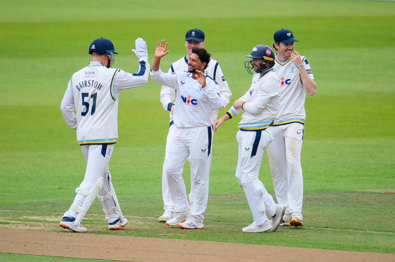 Picture by Allan McKenzie/SWpix.com - 10/09/2026 - Cricket - Rothesay County Championship - Yorkshire County Cricket Club v Essex County Cricket Club - Headingley Cricket Ground, Leeds, England - Yorkshire's Kuldeep Yadav celebrates dismissing Essex's Matt Critchley.