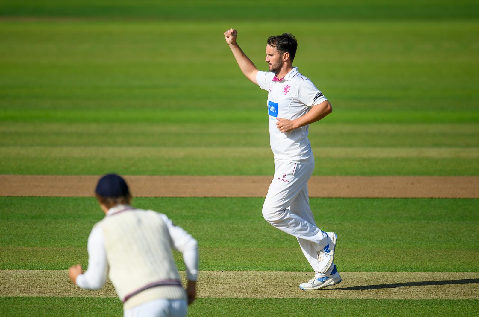 Picture by Allan McKenzie/SWpix.com - 15/09/2026 - Cricket - Rothesay County Championship - Yorkshire County Cricket Club v Somerset County Cricket Club - Headingley Cricket Ground, Leeds, England - Somerset's Lewis Gregory celebrates dismissing Yorkshire's Adam Lyth.