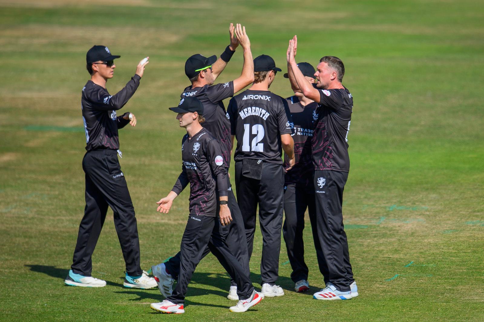 Picture by Allan McKenzie/SWpix.com - 15/07/2026 - Cricket - Vitality Blast Quarter Final - Yorkshire Vikings v Somerset County Cricket Club - Headingley Cricket Ground, Leeds, England - Somerset's Jake Ball (r) celebrates dismissing Yorkshire's Will Luxton.