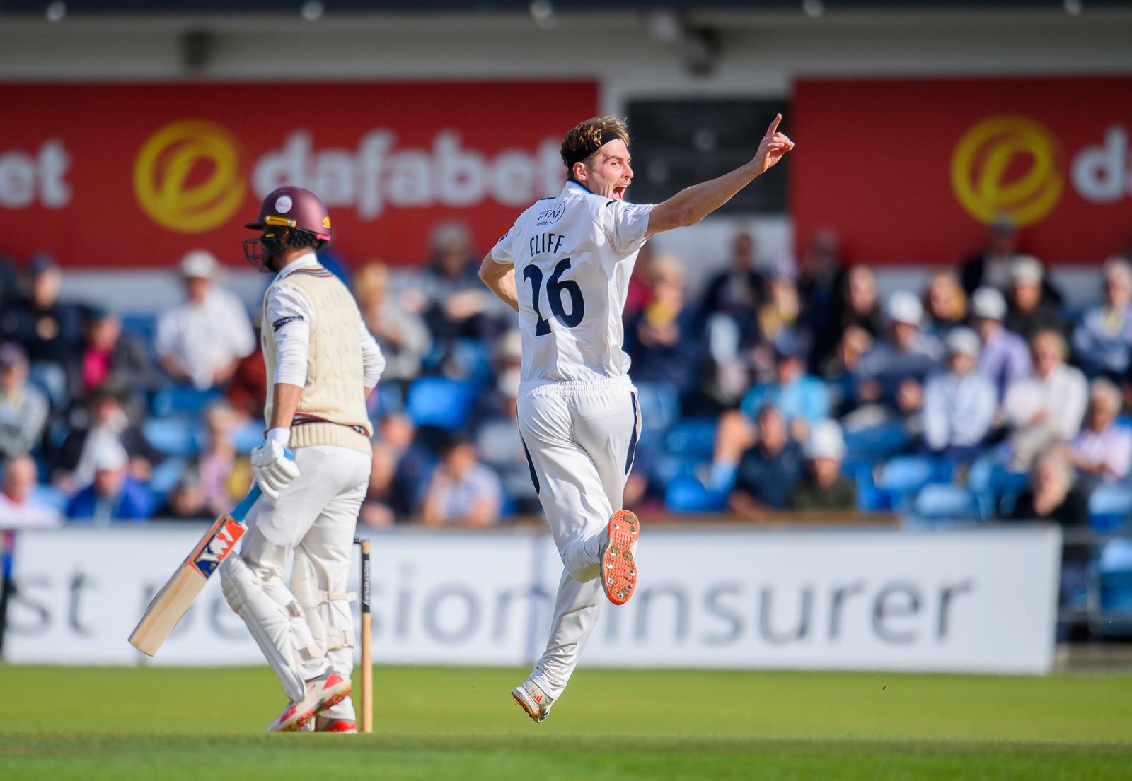 Picture by Allan McKenzie/SWpix.com - 16/09/2026 - Cricket - Rothesay County Championship - Yorkshire County Cricket Club v Somerset County Cricket Club - Headingley Cricket Ground, Leeds, England - Yorkshire's Ben Cliff successfully appeals for the wicket of Somerset's James Rew.