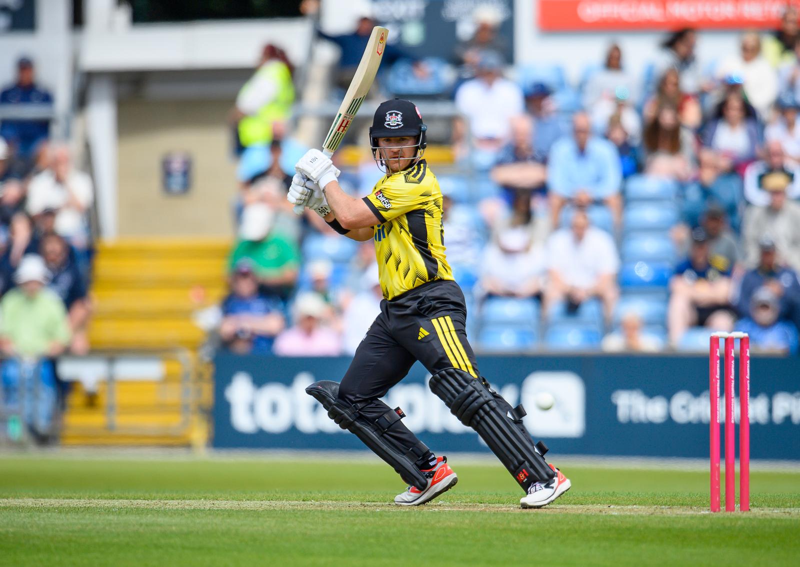 Picture by Allan McKenzie/SWpix.com - 31/05/2026 - Cricket - Vitality Blast - Yorkshire Vikings v Gloucestershire County Cricket Club - Headingley Cricket Ground, Leeds, England - Gloucestershire's D'arcy Short hits out against Yorkshire.