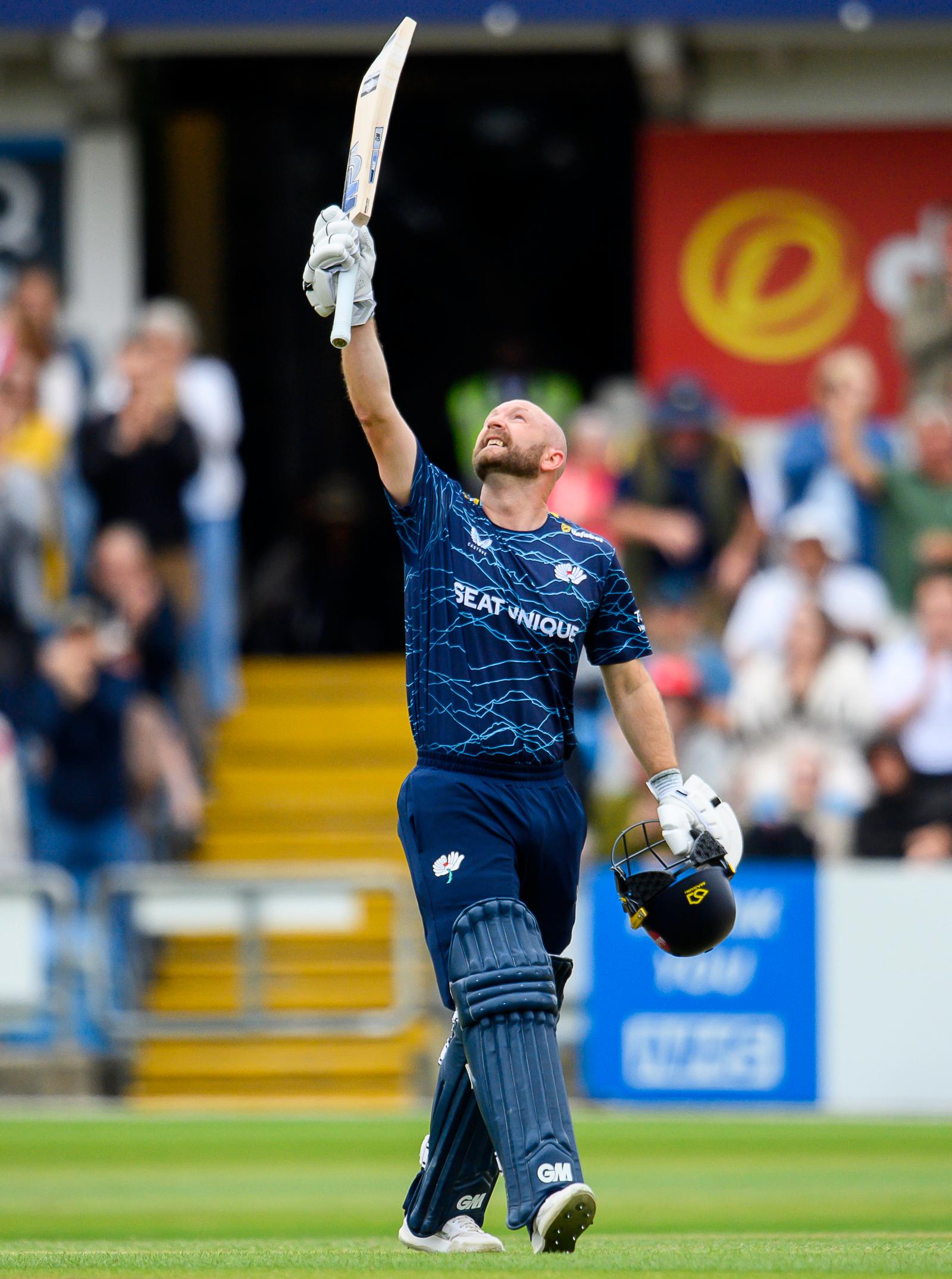 Picture by Allan McKenzie/SWpix.com - 05/07/2026 - Cricket - Vitality Blast - Yorkshire Vikings v Leicestershire Foxes - Headingley Cricket Ground, Leeds, England - Yorkshire's Adam Lyth (r) celebrates his century against Leicestershire.