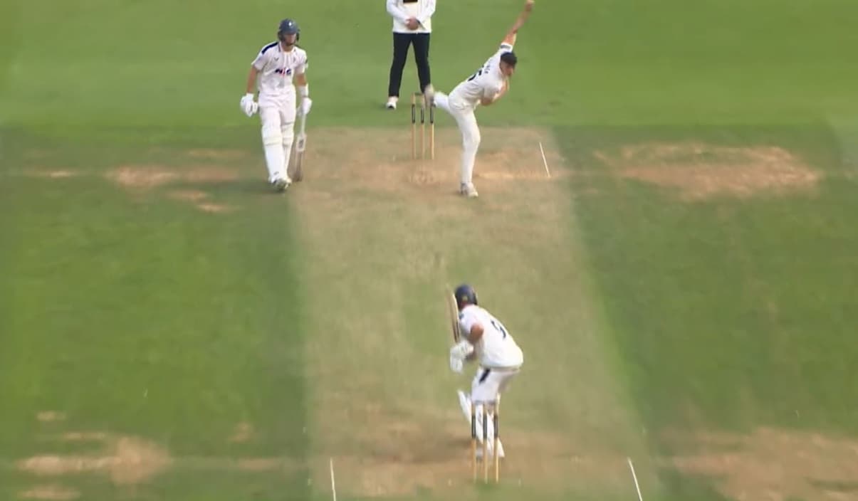 Matt Fisher bowls the ball that dismissed Adam Lyth for a duck